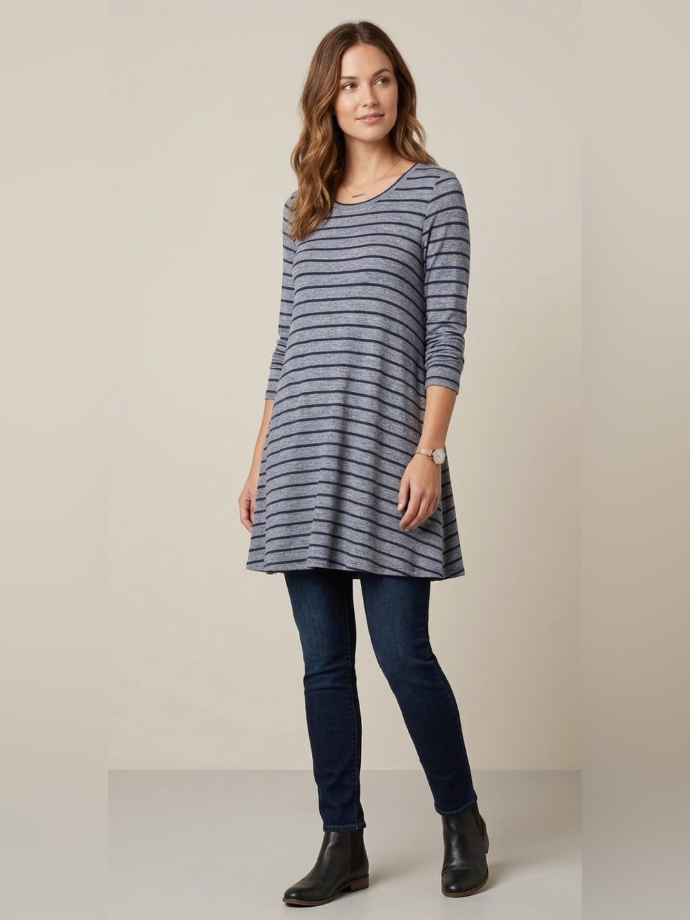 Umgee Striped Long Sleeve Knit Tunic Top Shift Dress Blue Grey L